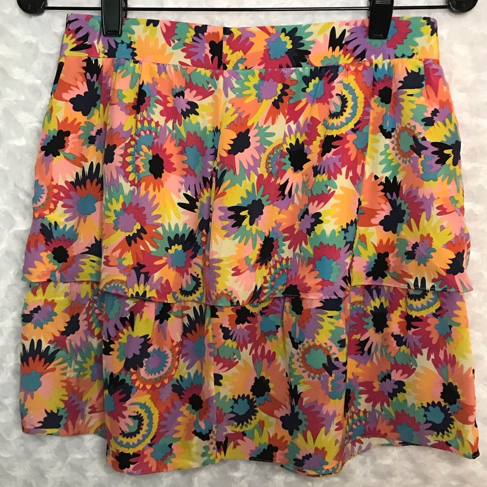 Tibi Vibrant Floral Tiered Silk A-Line Skirt EUC